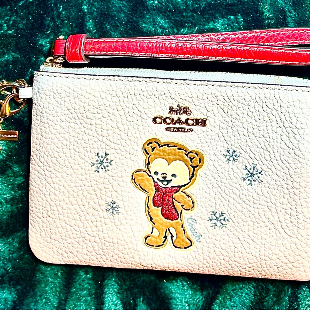Coach White Wristlet with Bear and Red Accents